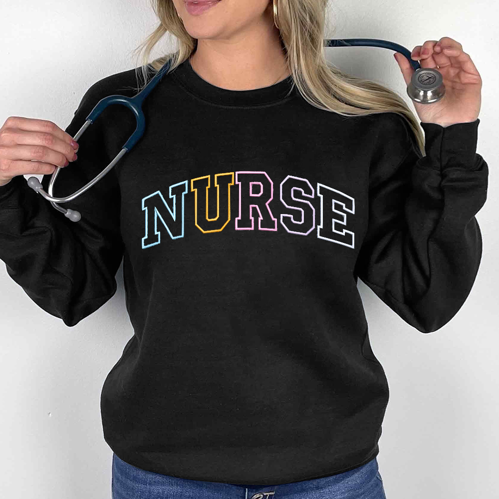 Personalized Embroidered Nurse Text Print Embroidered Crew Neck Sweatshirt