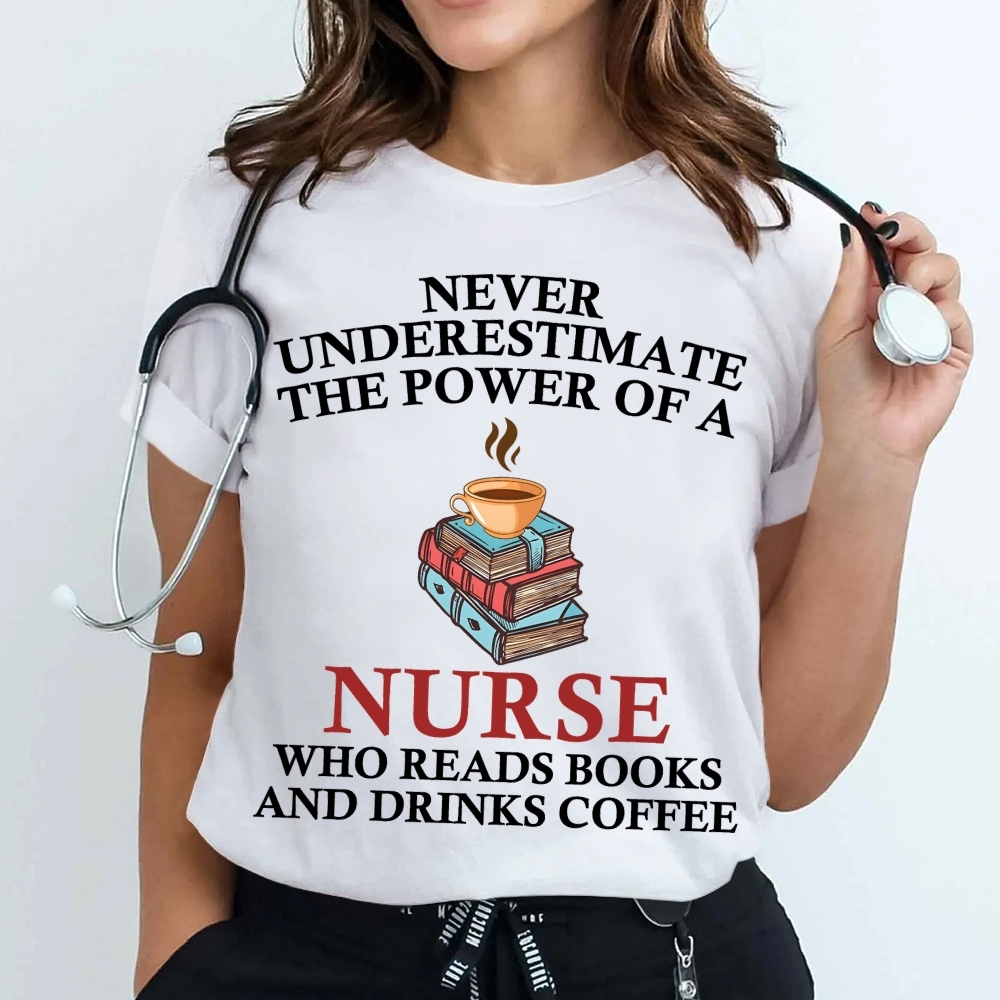 Nurse Reading Books And Coffee Lover Cotton Nurse T-shirt