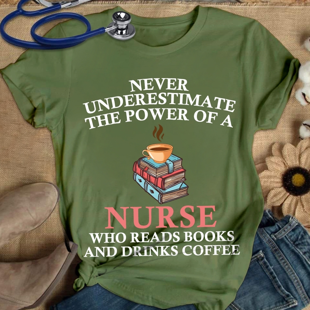 Nurse Reading Books And Coffee Lover Cotton Nurse T-shirt