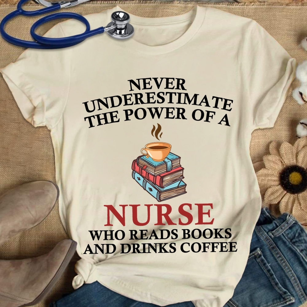 Nurse Reading Books And Coffee Lover Cotton Nurse T-shirt