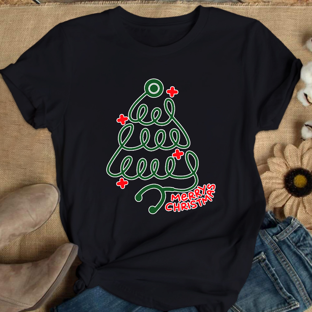 Merry Christmas Stethoscope Cotton Nurse T-shirt