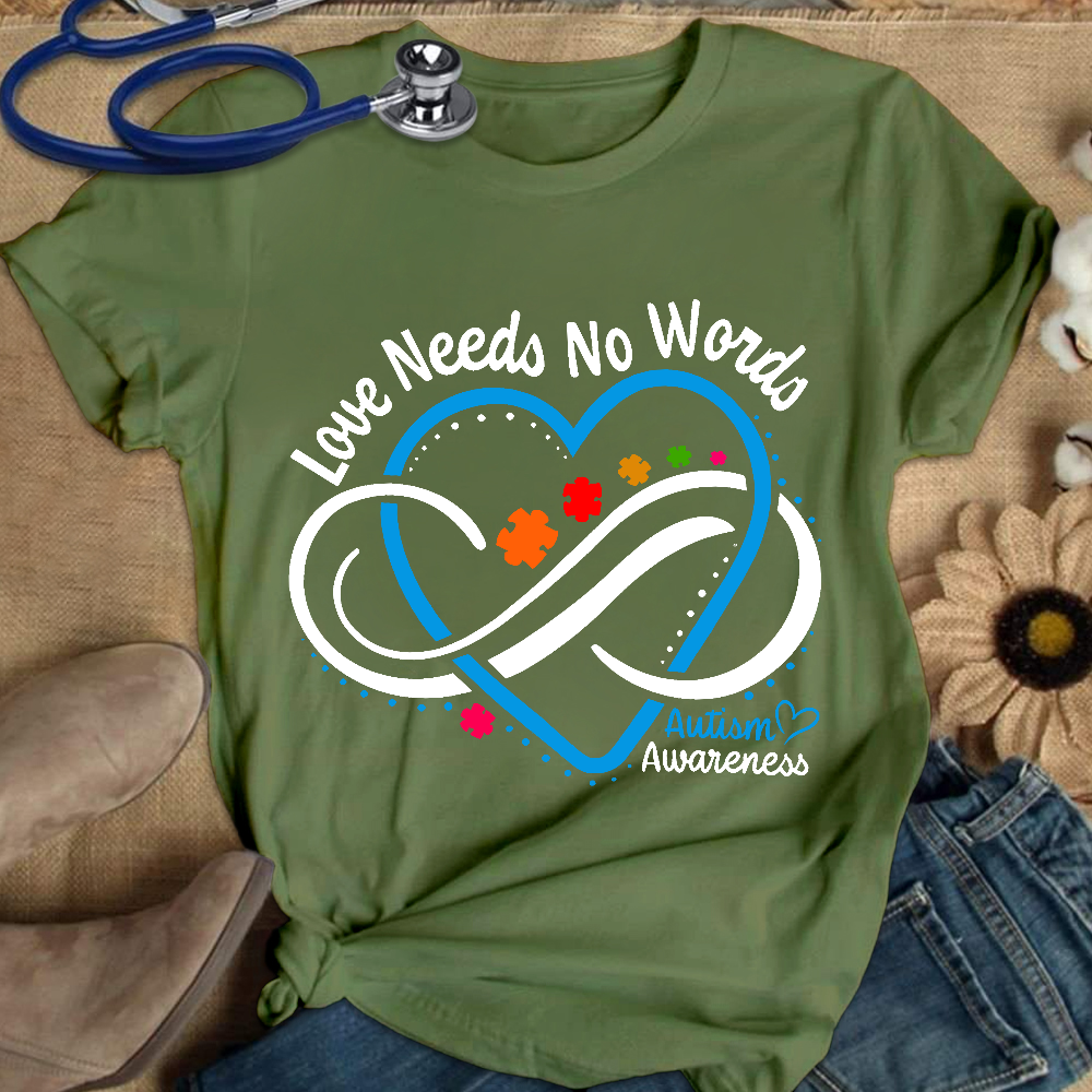 Love Needs No Words Autism Awareness Blue Heart Cotton Nurse T-shirt