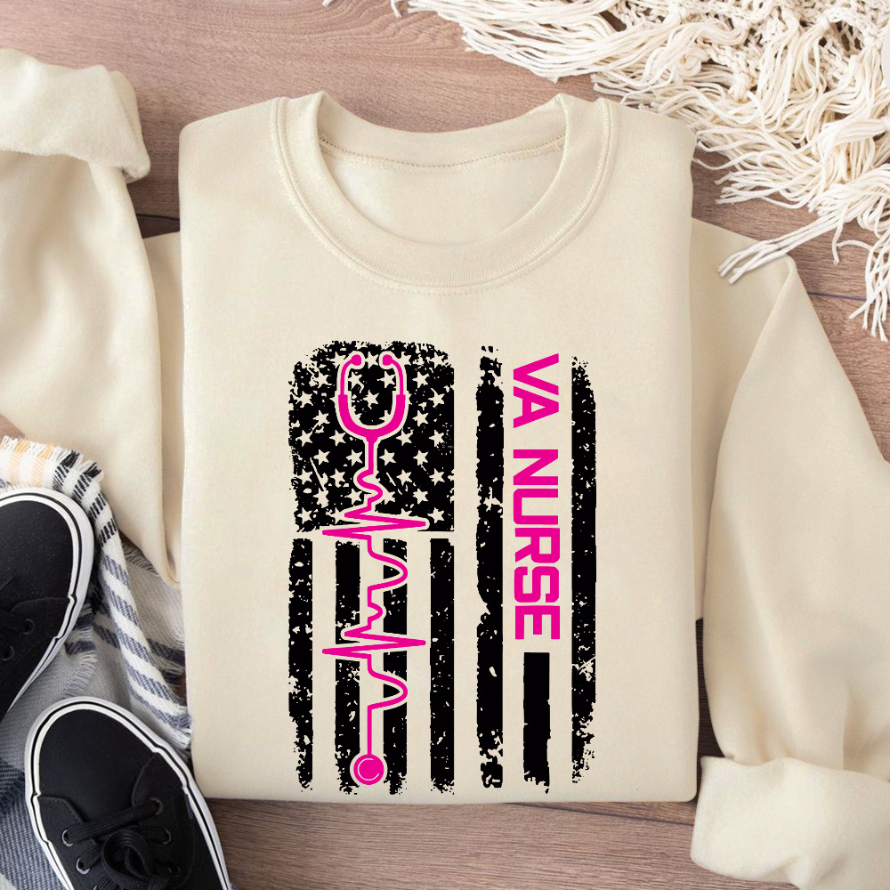 Vintage USA American Flag VA Nurse Patriotic Nursing Gifts Cotton Pullover Sweatshirt