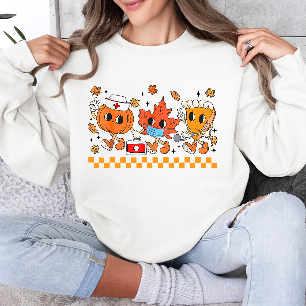 Nurse Pumpkin Leaves Fall Thanksgiving Cotton Pullover Sweatshirt