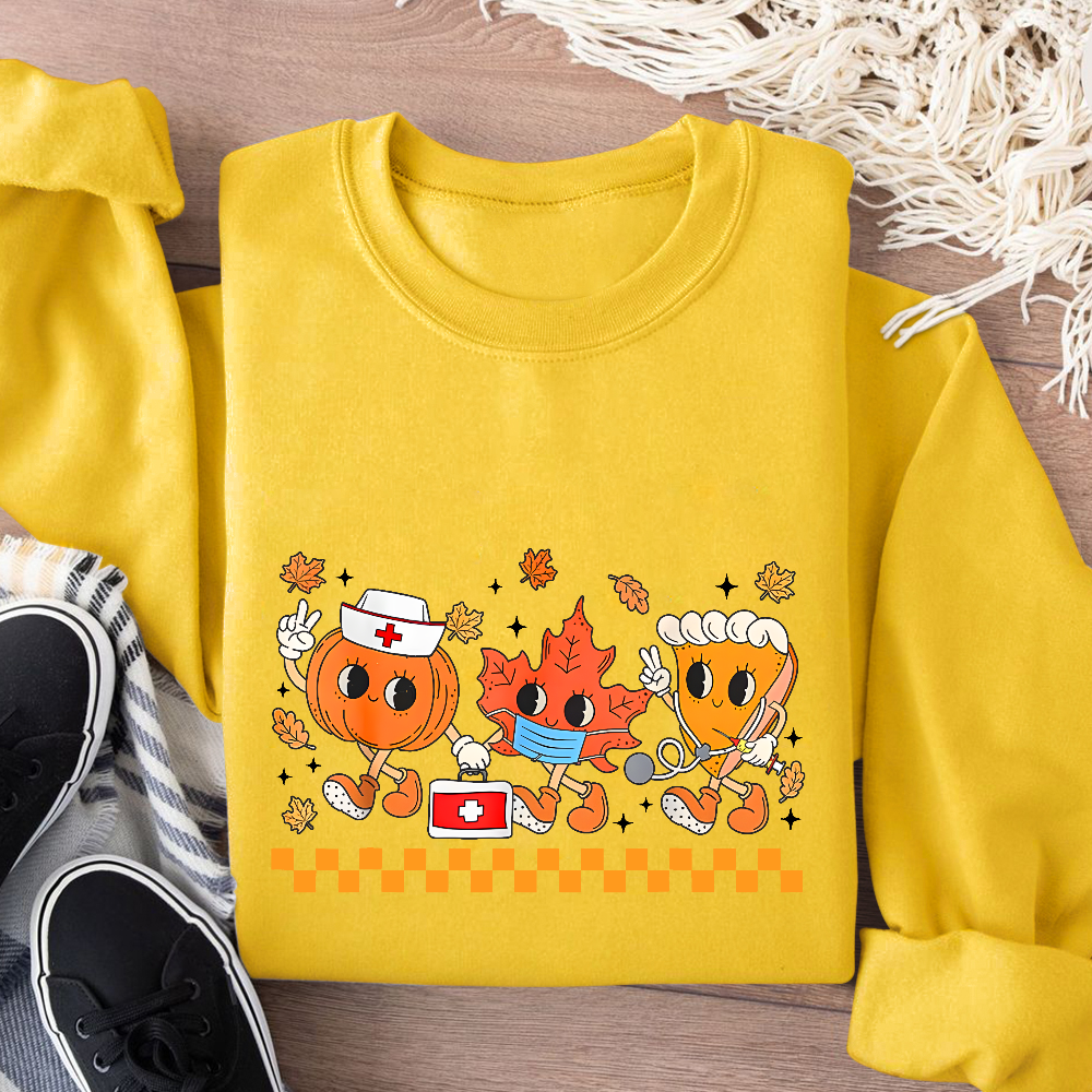 Nurse Pumpkin Leaves Fall Thanksgiving Cotton Pullover Sweatshirt