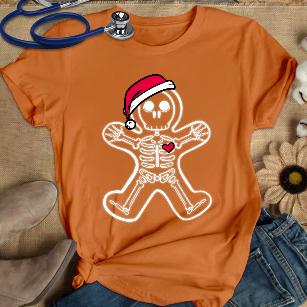 Christmas Gingerbread Man X-Ray Cookie Skeleton Wearing A Santa Hat Classic Cotton Nurse T-shirt