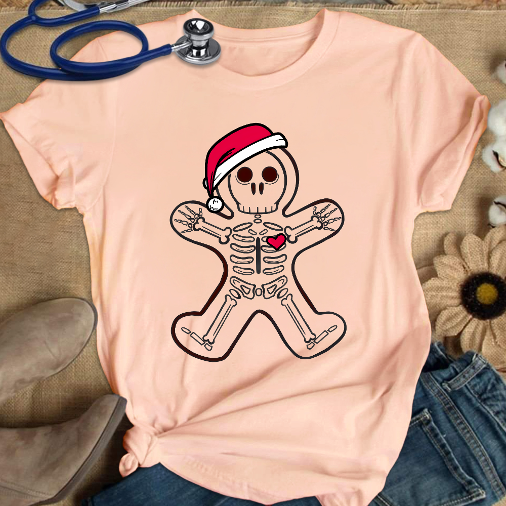 Christmas Gingerbread Man X-Ray Cookie Skeleton Wearing A Santa Hat Classic Cotton Nurse T-shirt