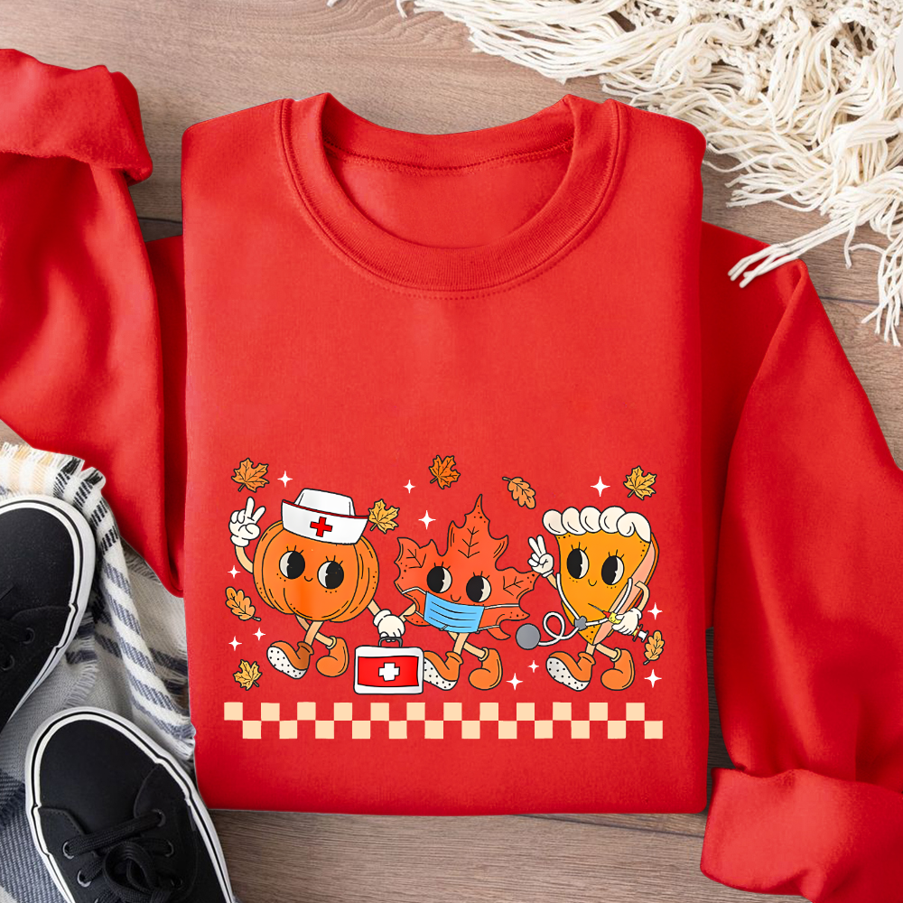 Nurse Pumpkin Leaves Fall Thanksgiving Cotton Pullover Sweatshirt