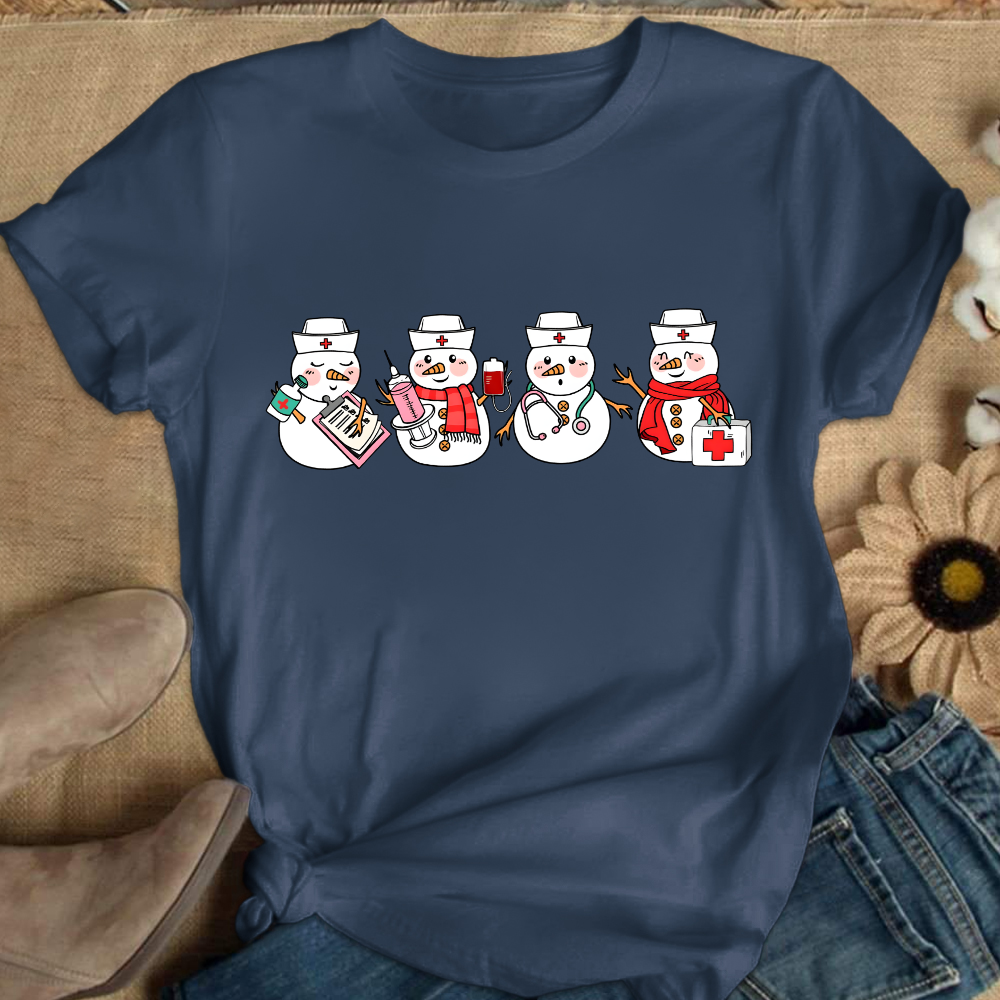 Christmas Nurse Snowman Cotton Nurse T-shirt