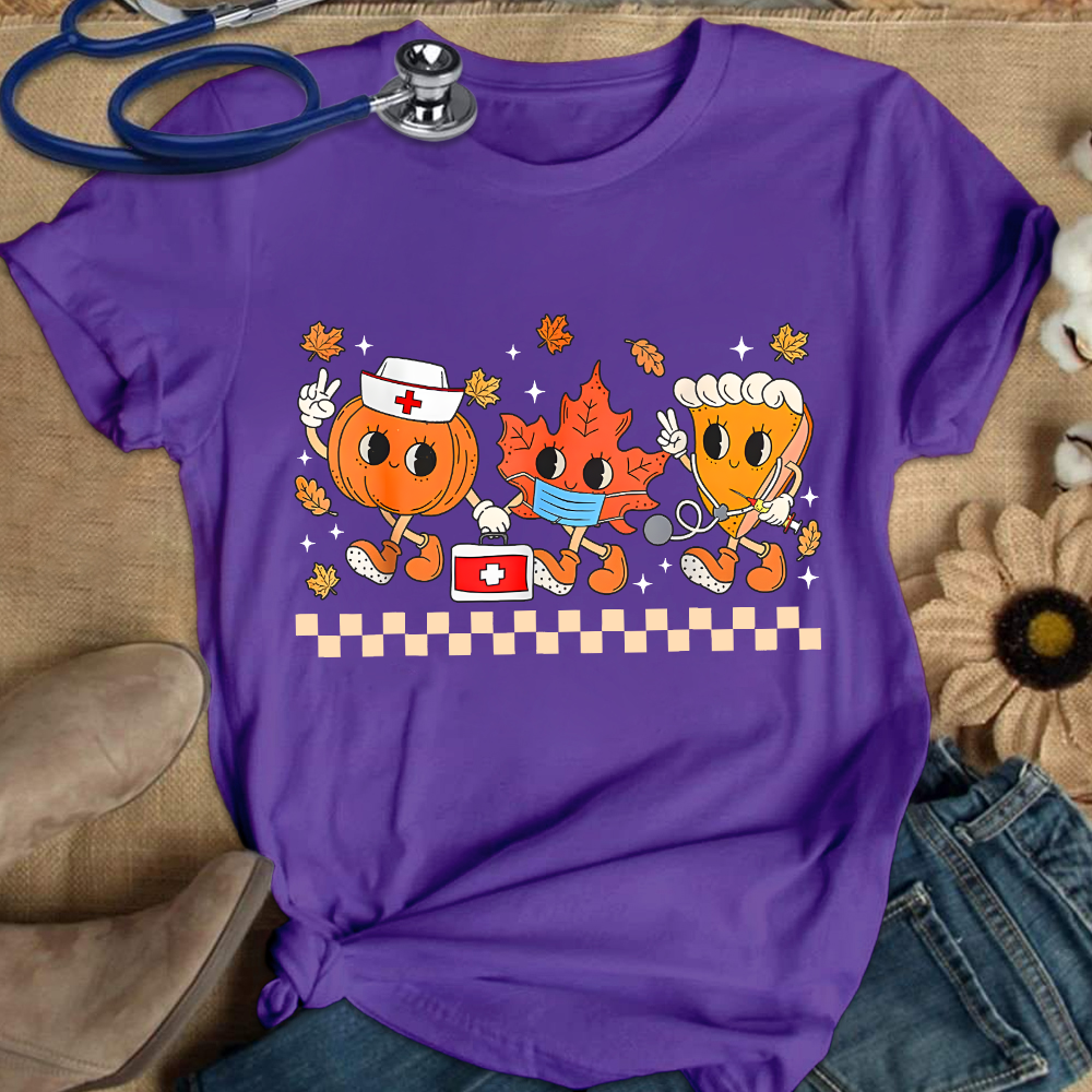 Nurse Pumpkin Leaves Fall Thanksgiving Cotton Nurse T-shirt