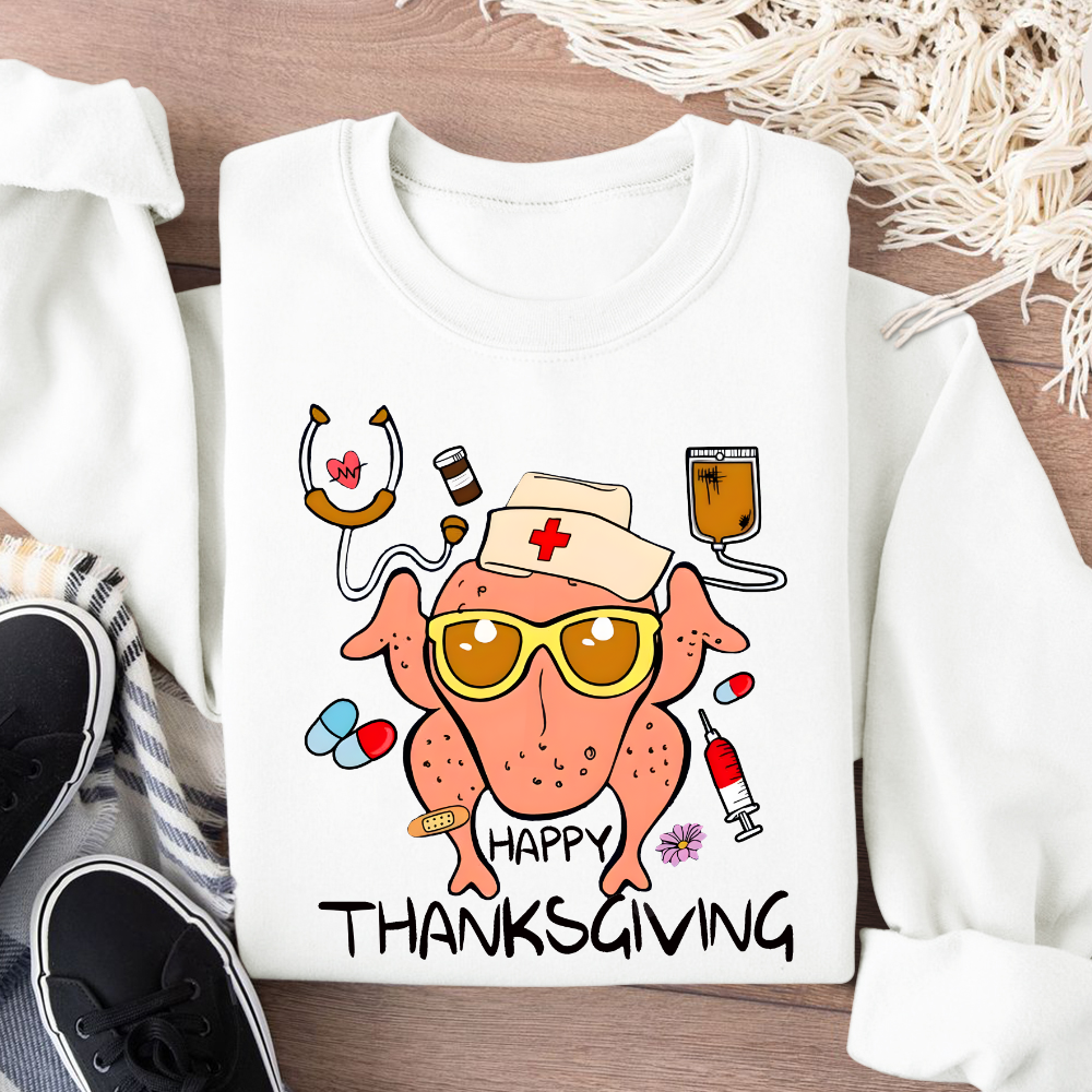 Happy Thanksgiving Turkey Nurse Cotton Pullover Sweatshirt