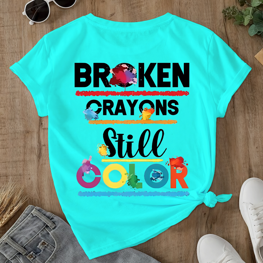 Depression Awareness Broken Crayons Still Color Double-Sided Cotton Printed T-Shirt