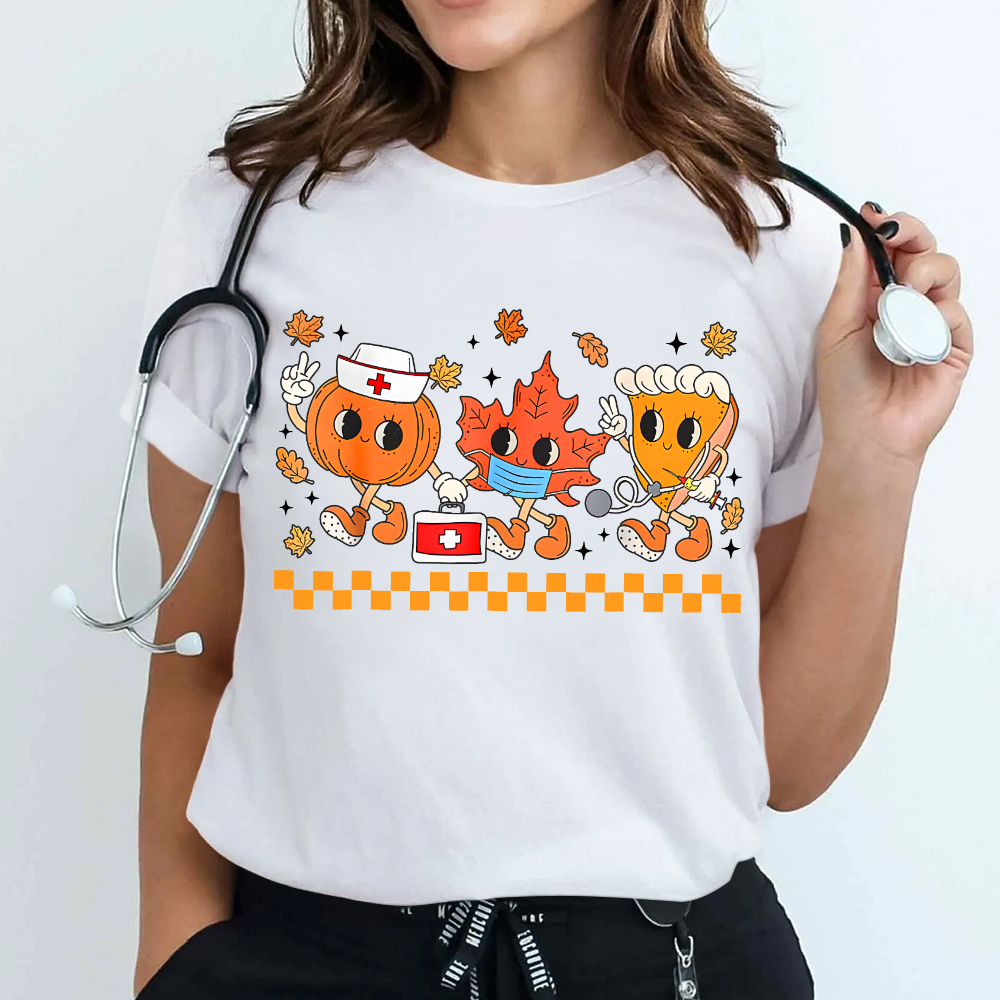Nurse Pumpkin Leaves Fall Thanksgiving Cotton Nurse T-shirt