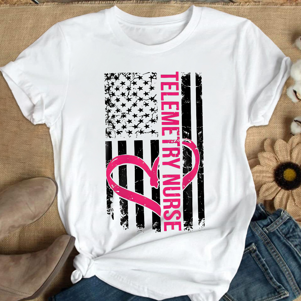 Telemetry Nurse Flag Cotton Nurse T-shirt