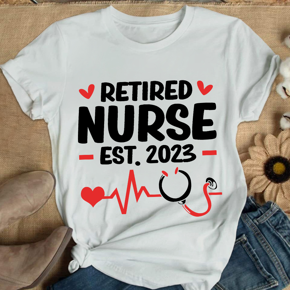 Personalized Nurse Stethoscope Heartbeat Retired 2023 Cotton Nurse T-shirt