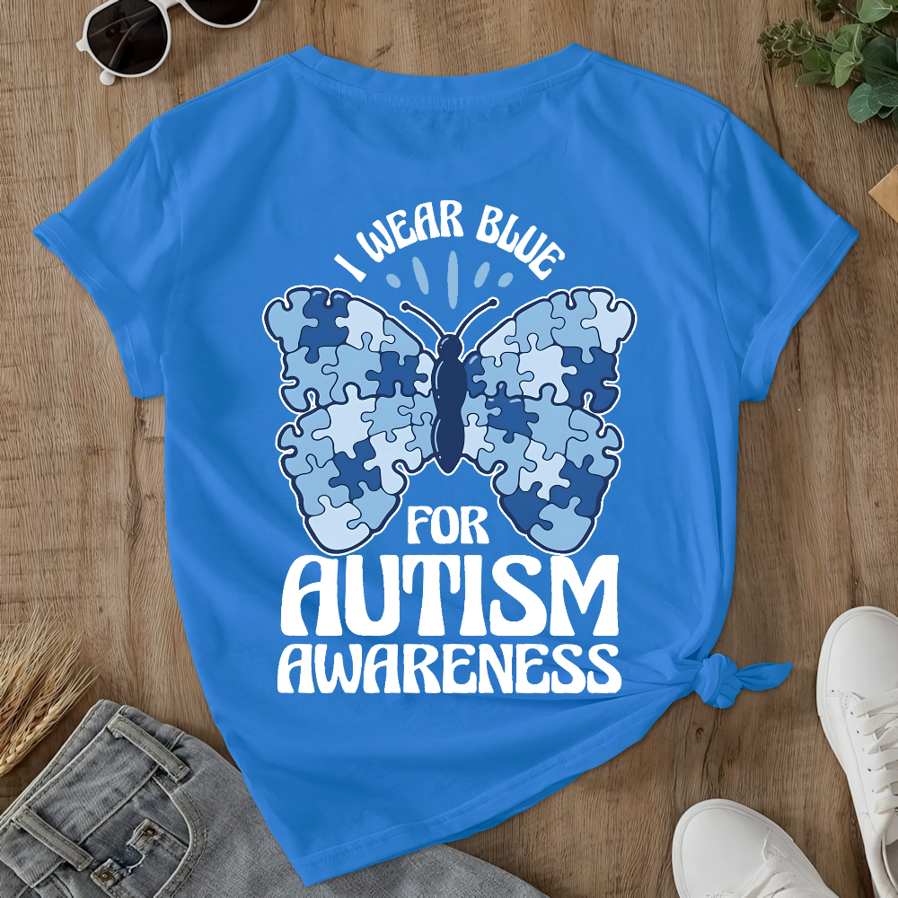 I Wear Blue For Autism Awareness Double-Sided Cotton Printed T-Shirt