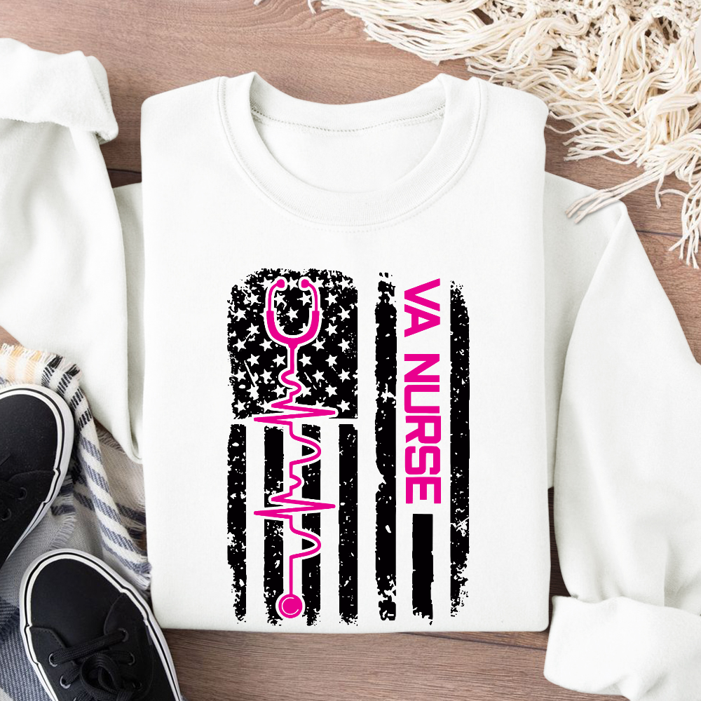 Vintage USA American Flag VA Nurse Patriotic Nursing Gifts Cotton Pullover Sweatshirt