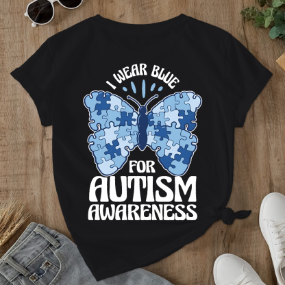 I Wear Blue For Autism Awareness Double-Sided Cotton Printed T-Shirt