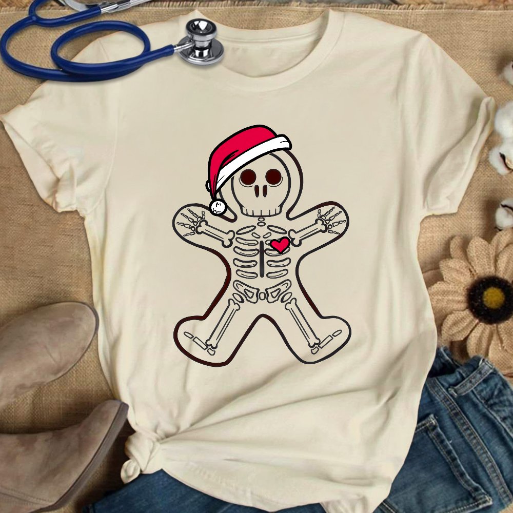 Christmas Gingerbread Man X-Ray Cookie Skeleton Wearing A Santa Hat Classic Cotton Nurse T-shirt