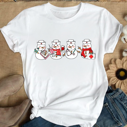 Christmas Nurse Snowman Cotton Nurse T-shirt