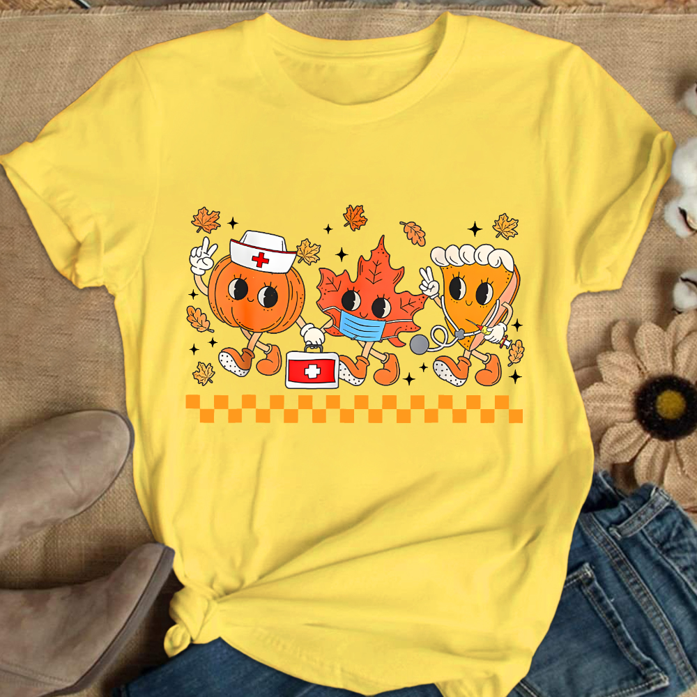 Nurse Pumpkin Leaves Fall Thanksgiving Cotton Nurse T-shirt