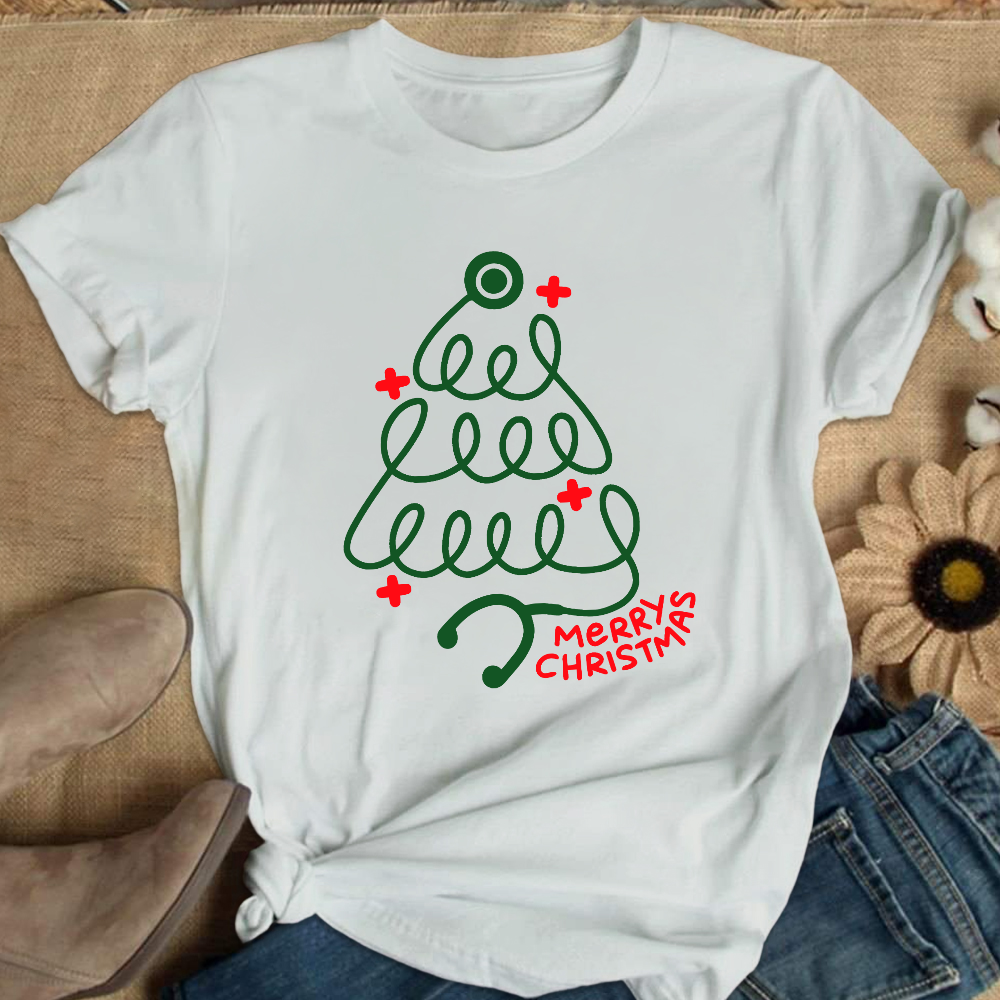 Merry Christmas Stethoscope Cotton Nurse T-shirt