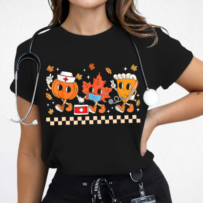 Nurse Pumpkin Leaves Fall Thanksgiving Cotton Nurse T-shirt
