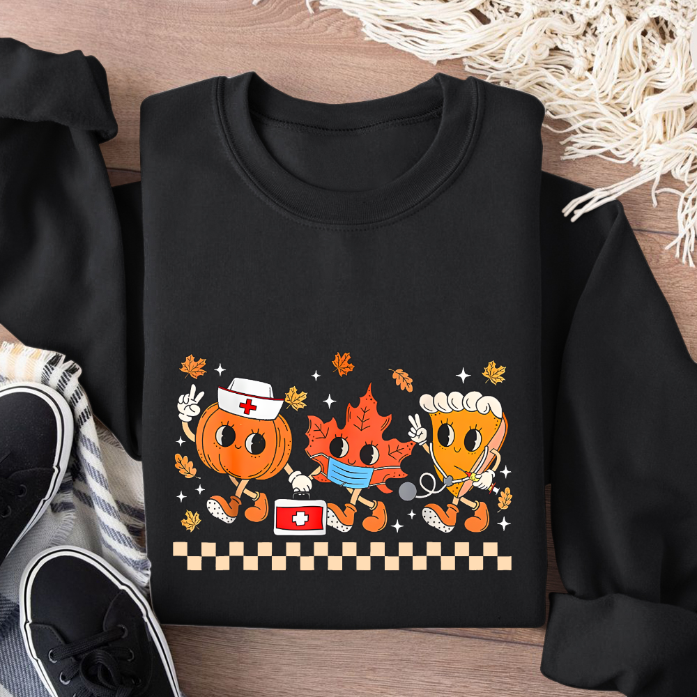 Nurse Pumpkin Leaves Fall Thanksgiving Cotton Pullover Sweatshirt