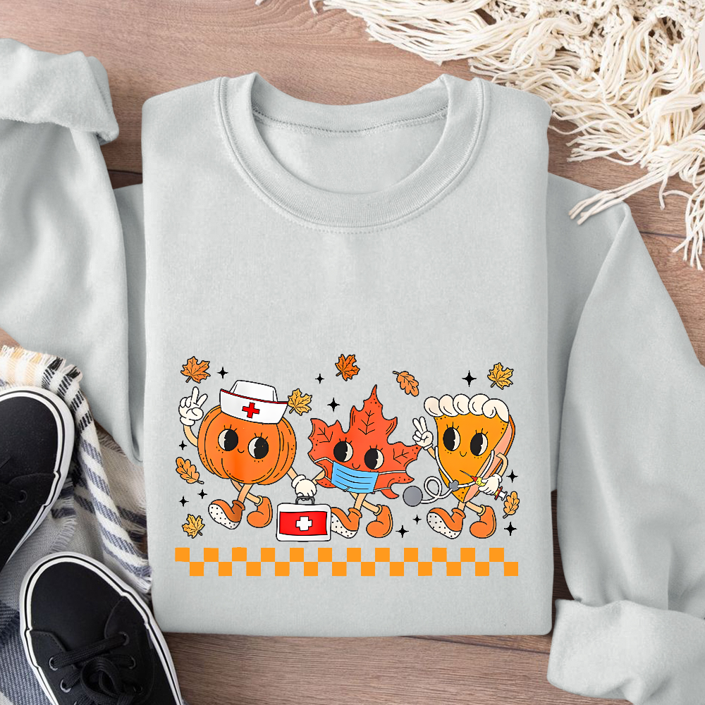 Nurse Pumpkin Leaves Fall Thanksgiving Cotton Pullover Sweatshirt