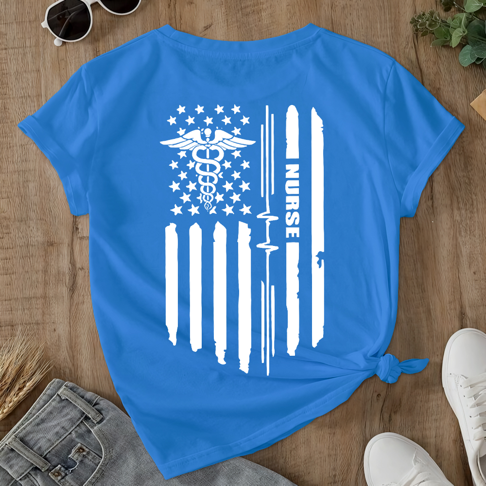 Rn Registered Nursing Nurse Healthcare Ekg Flag Double-Sided Cotton Printed T-Shirt