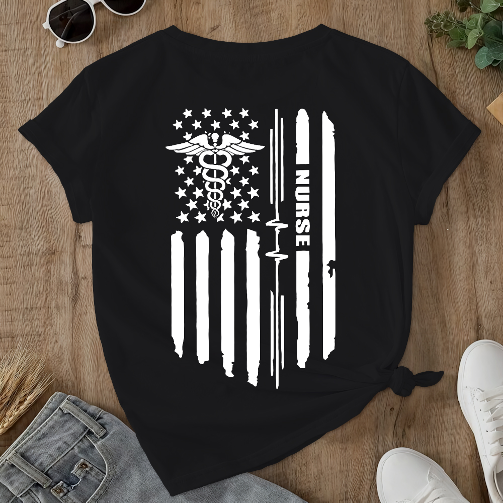 Rn Registered Nursing Nurse Healthcare Ekg Flag Double-Sided Cotton Printed T-Shirt