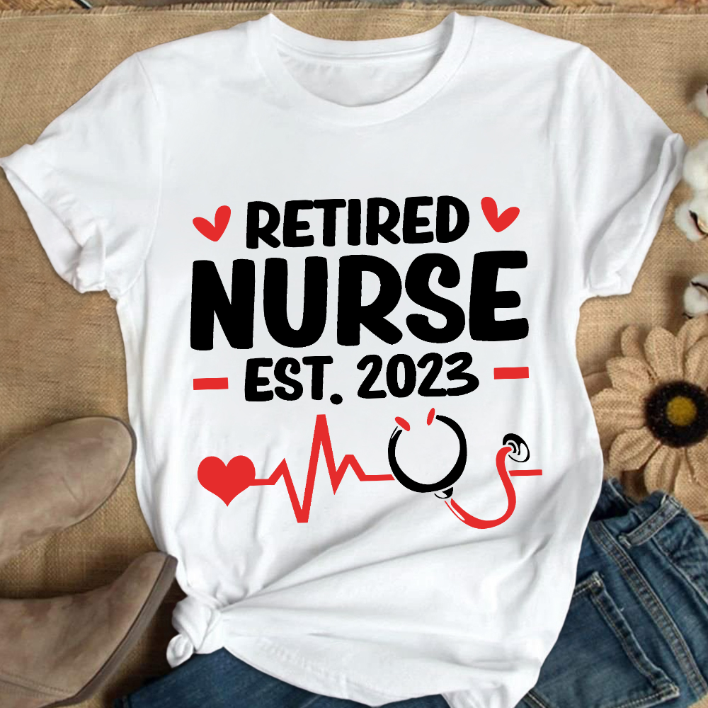 Personalized Nurse Stethoscope Heartbeat Retired 2023 Cotton Nurse T-shirt