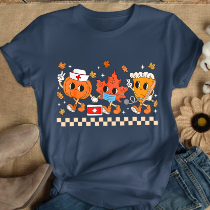 Nurse Pumpkin Leaves Fall Thanksgiving Cotton Nurse T-shirt