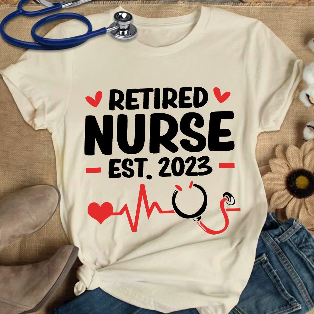 Personalized Nurse Stethoscope Heartbeat Retired 2023 Cotton Nurse T-shirt