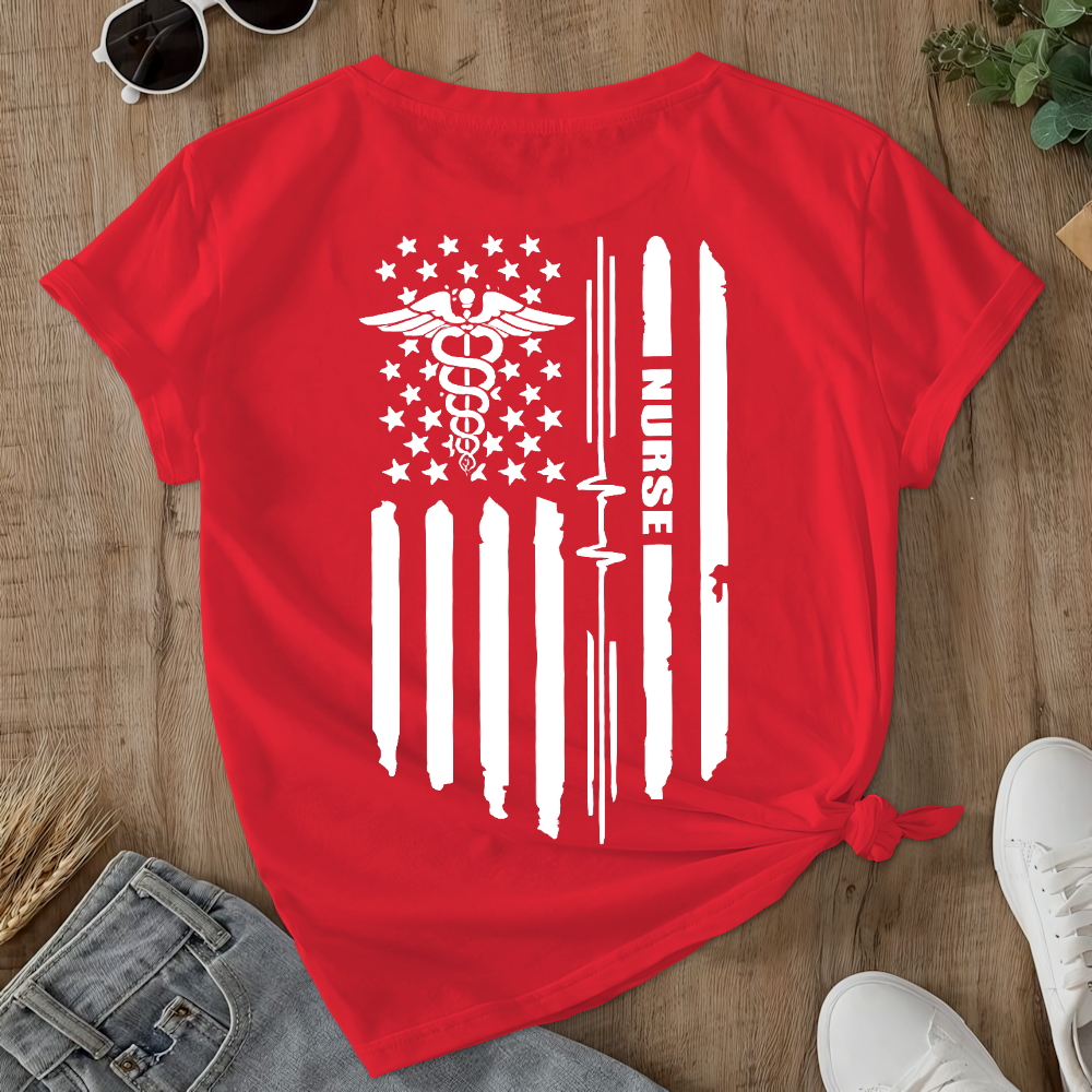 Rn Registered Nursing Nurse Healthcare Ekg Flag Double-Sided Cotton Printed T-Shirt
