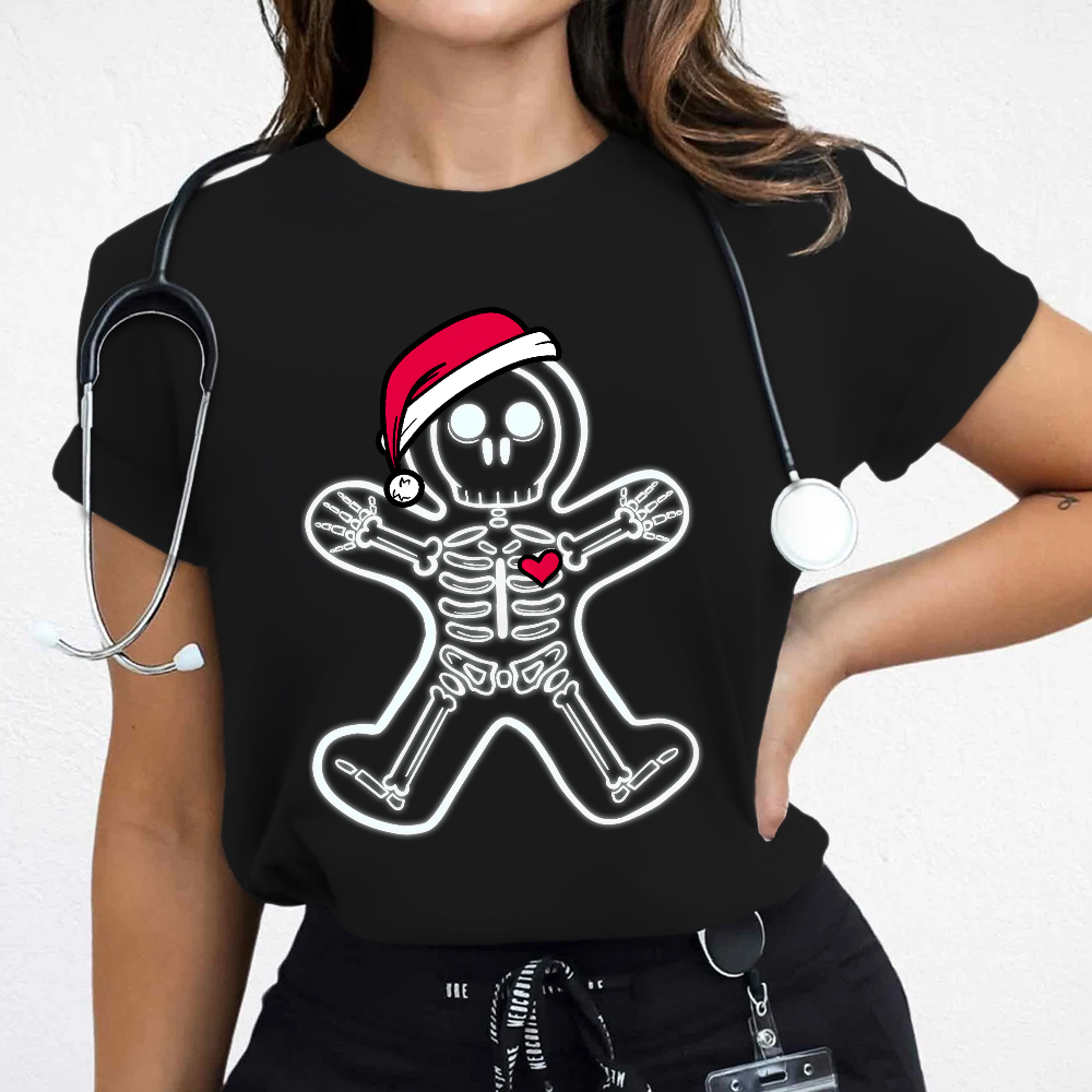 Christmas Gingerbread Man X-Ray Cookie Skeleton Wearing A Santa Hat Classic Cotton Nurse T-shirt