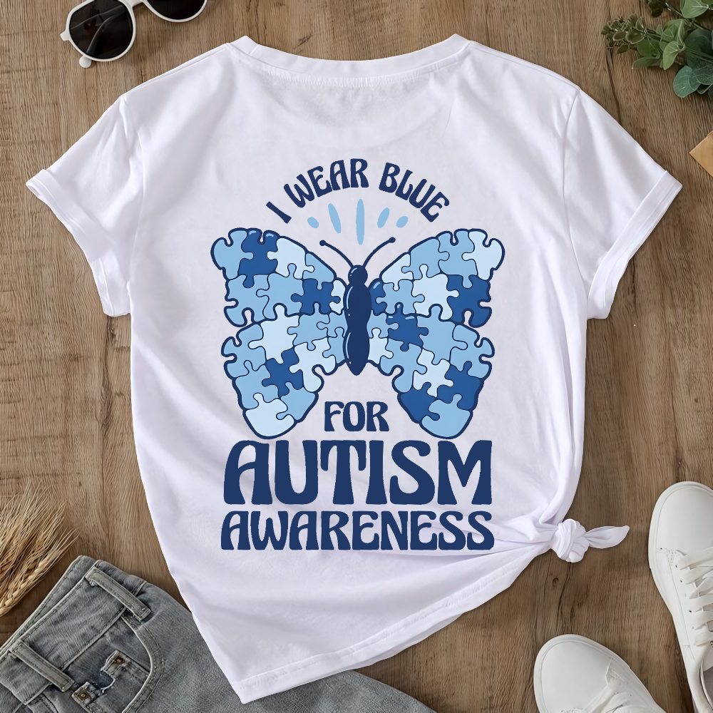 I Wear Blue For Autism Awareness Double-Sided Cotton Printed T-Shirt