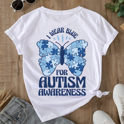 I Wear Blue For Autism Awareness Double-Sided Cotton Printed T-Shirt
