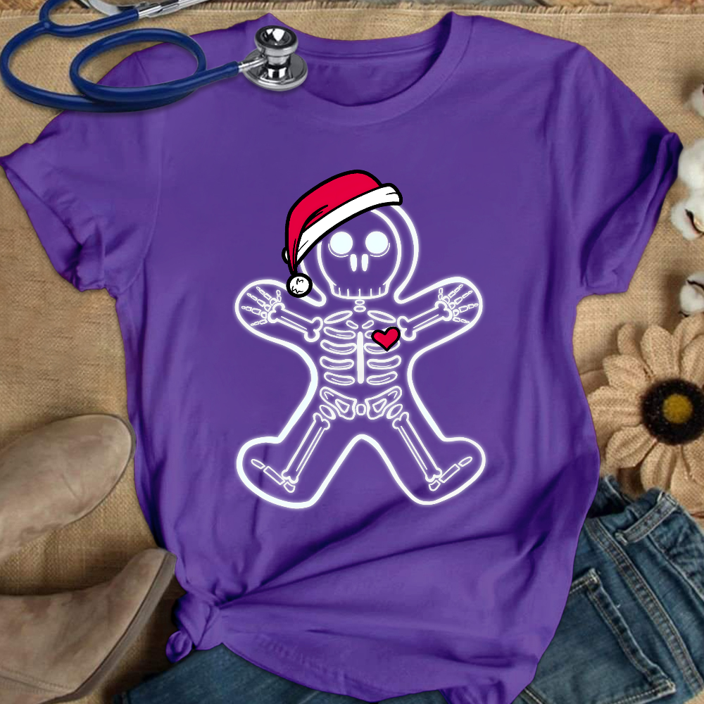 Christmas Gingerbread Man X-Ray Cookie Skeleton Wearing A Santa Hat Classic Cotton Nurse T-shirt