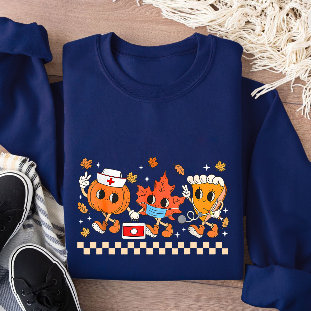 Nurse Pumpkin Leaves Fall Thanksgiving Cotton Pullover Sweatshirt