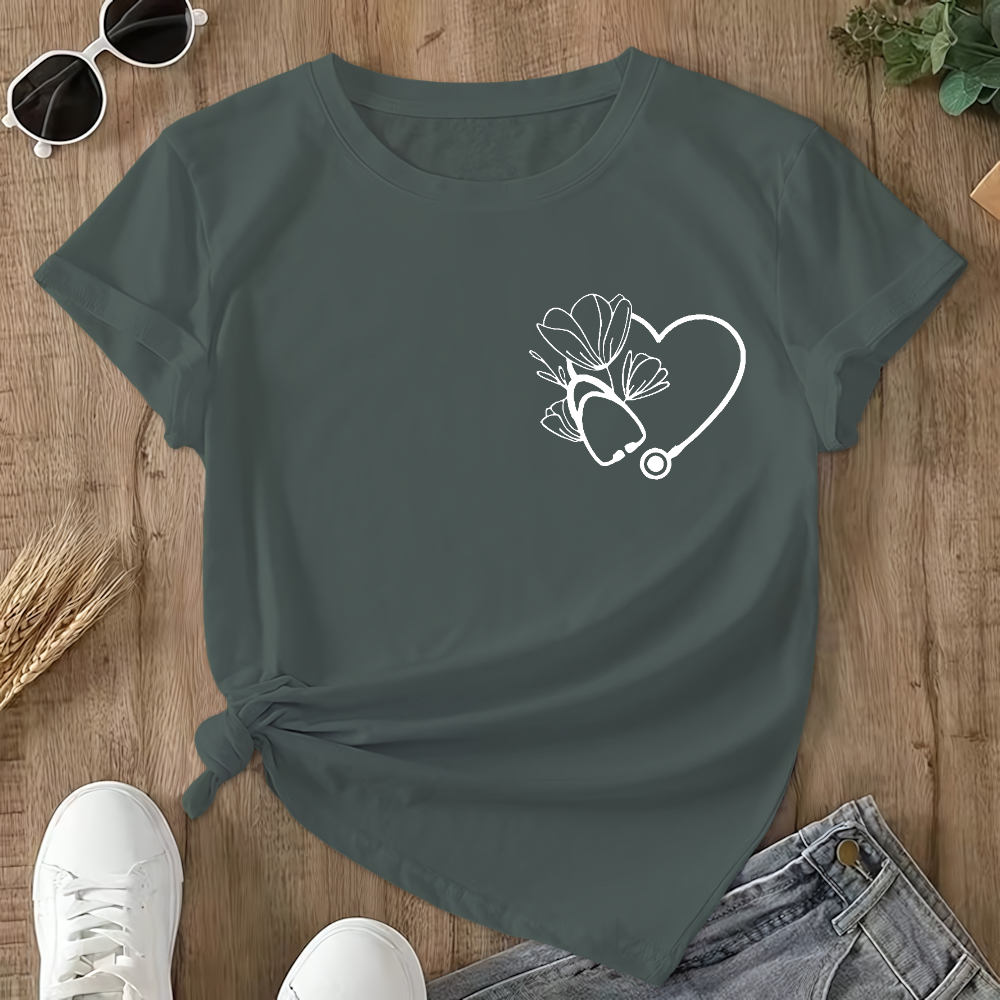 Heart Stethoscope Inspire Love Heal Double-Sided Cotton Printed T-Shirt