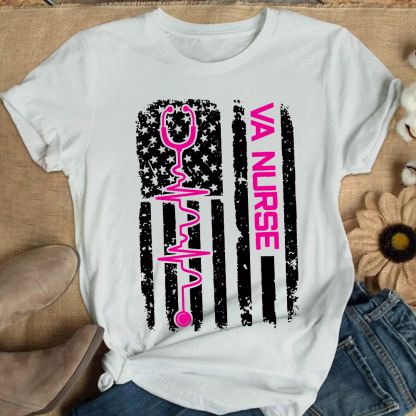 Vintage USA American Flag VA Nurse Patriotic Nursing Gifts Cotton Nurse T-shirt