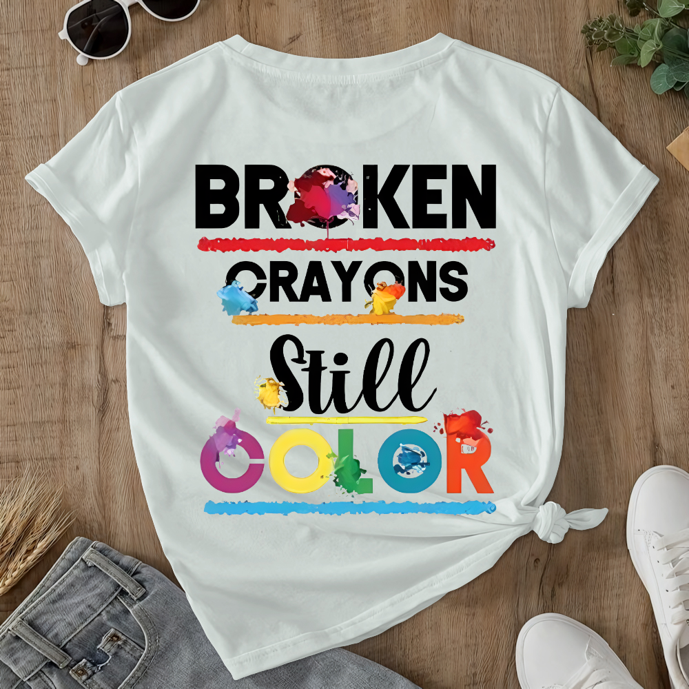 Depression Awareness Broken Crayons Still Color Double-Sided Cotton Printed T-Shirt