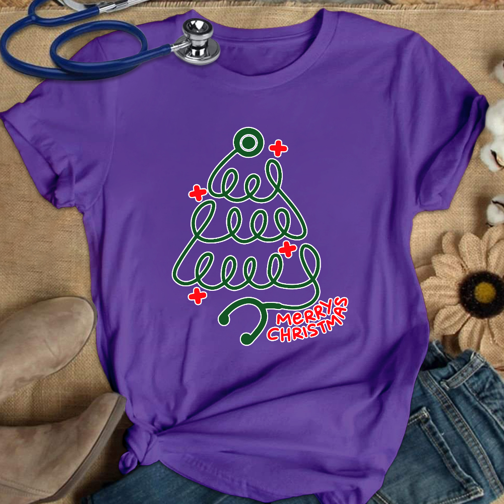 Merry Christmas Stethoscope Cotton Nurse T-shirt