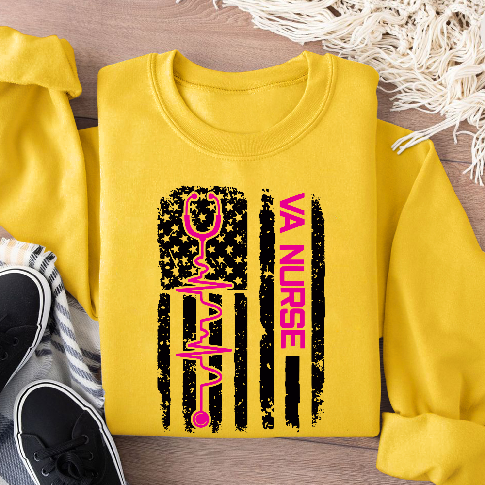 Vintage USA American Flag VA Nurse Patriotic Nursing Gifts Cotton Pullover Sweatshirt