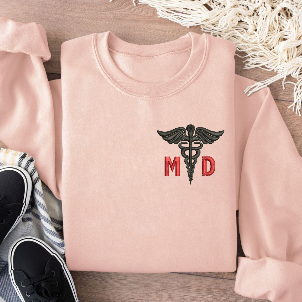 Personalized Doctor of Medicine Medical Symbol Embroidered Crew Neck Sweatshirt
