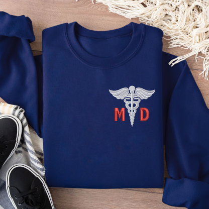 Personalized Doctor of Medicine Medical Symbol Embroidered Crew Neck Sweatshirt