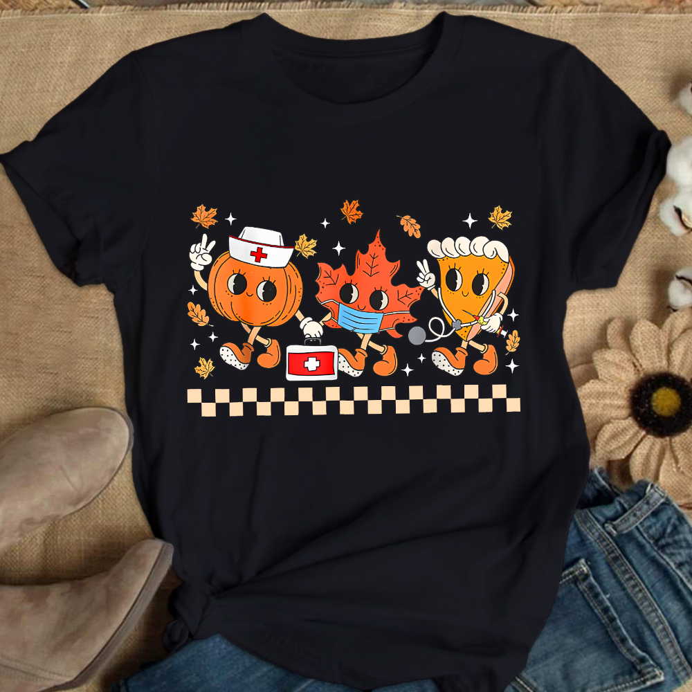 Nurse Pumpkin Leaves Fall Thanksgiving Cotton Nurse T-shirt