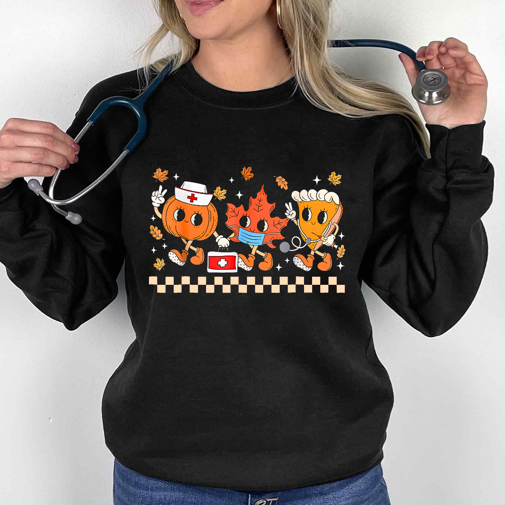 Nurse Pumpkin Leaves Fall Thanksgiving Cotton Pullover Sweatshirt