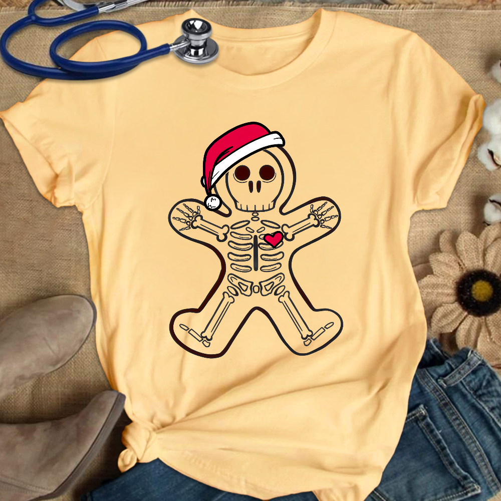 Christmas Gingerbread Man X-Ray Cookie Skeleton Wearing A Santa Hat Classic Cotton Nurse T-shirt